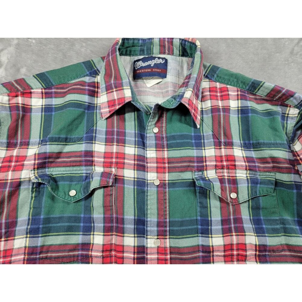 Vintage Wrangler Western Shirts Pearl Snap Green Red cotton Plaid Long Sleeve XL